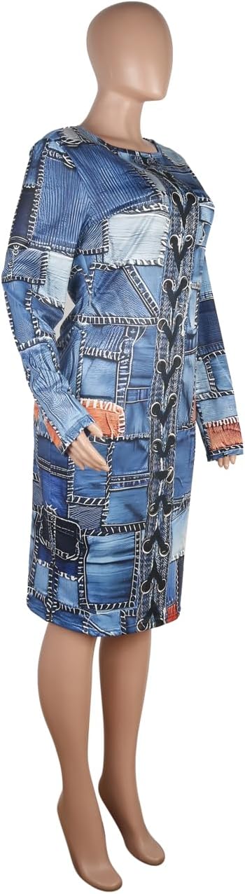 WOKANSE Women's Long Sleeve Faux Denim Printed Dress Bodycon Stretchy Midi Dresses for Party Club - Image 3
