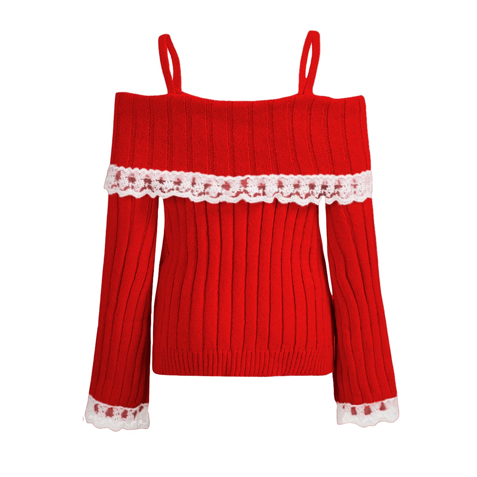 Women Off Shoulder Top Y2K Long Sleeve Lace Trim Knit Shirt Fashion Cute Solid Pullover Sweater: Medium B-christmas Red Shirt