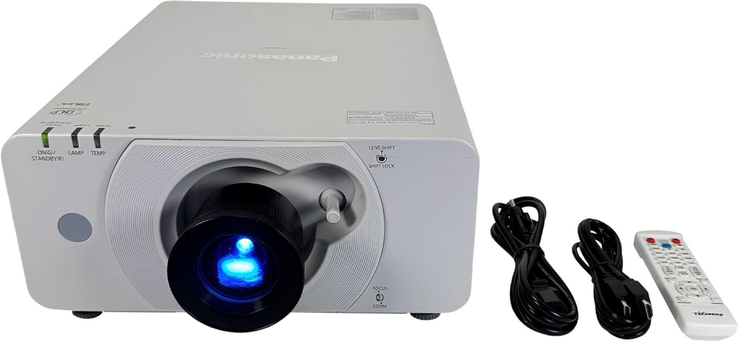 Panasonic PT-DZ570U DLP Projector with power cables and remote control.