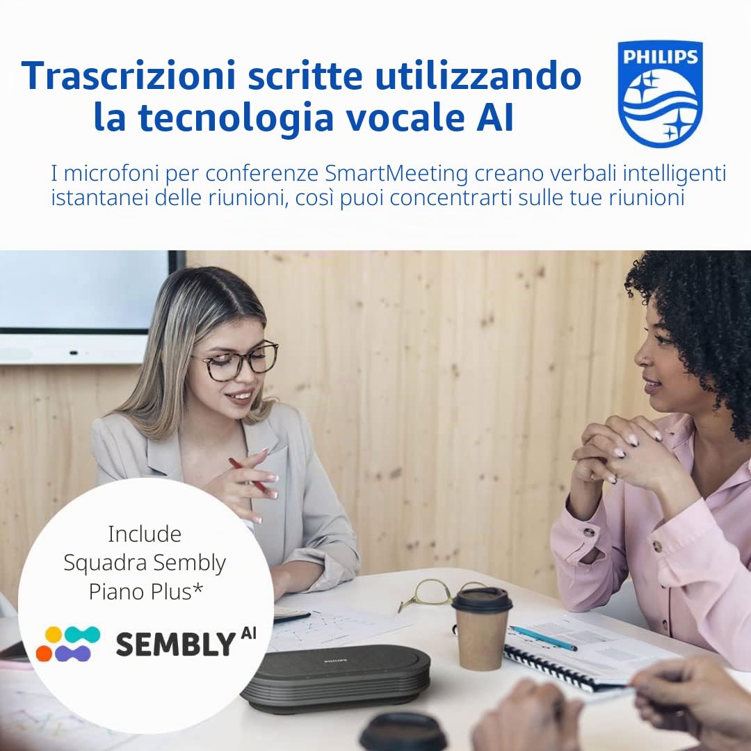 Philips SmartMeeting PSE0501 - Microfono da conferenza senza fili con Assistente riunione Sembly. Trascrizione multilingue, creazione automatica dei verbali delle riunioni, elenchi di cose da fare