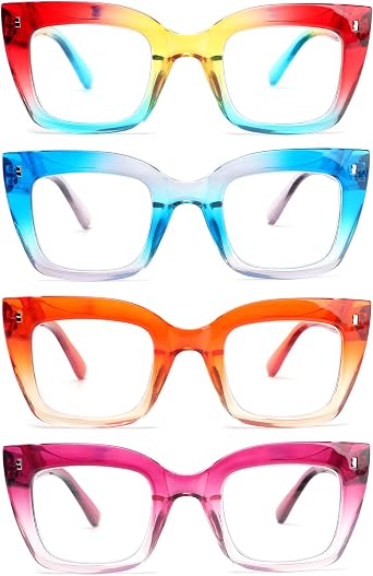 MMOWW 4 Pack Fashion Square Reading Glasses for Women Men Blue Light Blocking Readers with Spring Hinges