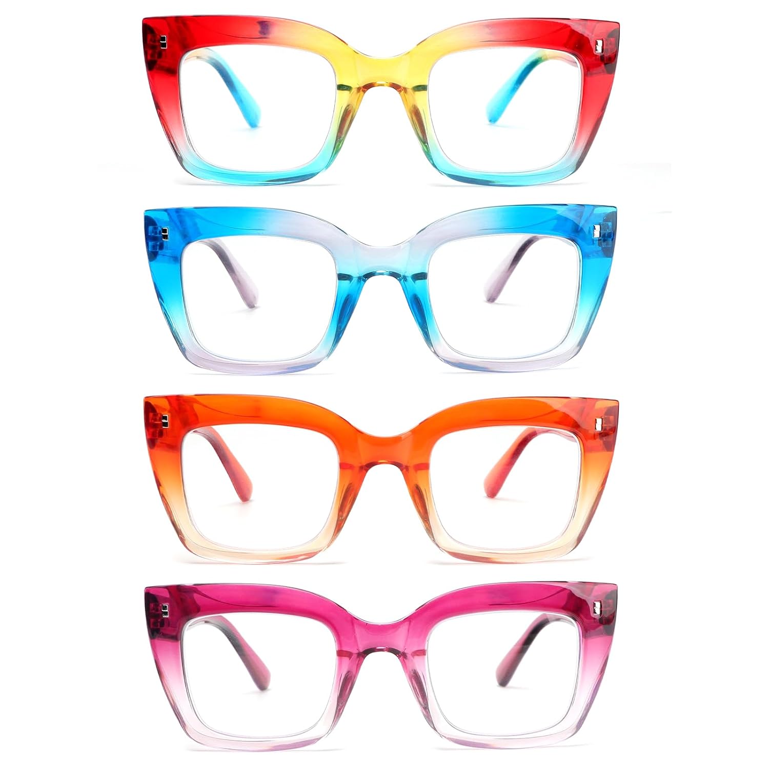 MMOWW 4 Pack Fashion Square Reading Glasses for Women Men Blue Light Blocking Readers with Spring Hinges