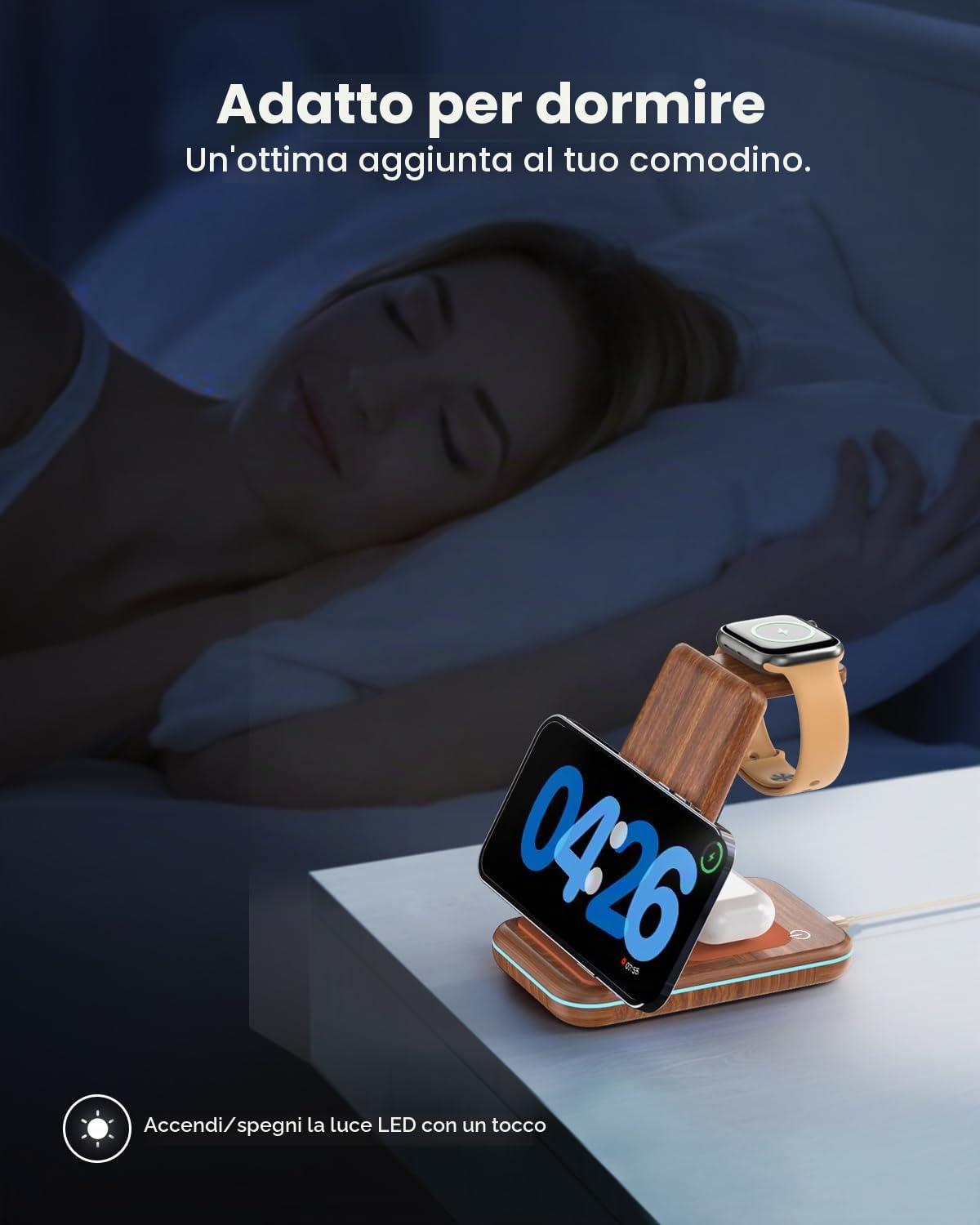 JoyGeek Caricabatterie Wireless 3 in 1, Pieghevole, per i Phone 17/16/15/14/13/12/11/Pro Max/X/8, Stazione di ricarica induttiva per iWatch 11/10/9/Ultra/SE-4, per Air Pods 4/2/3/Pro, Wood Grain