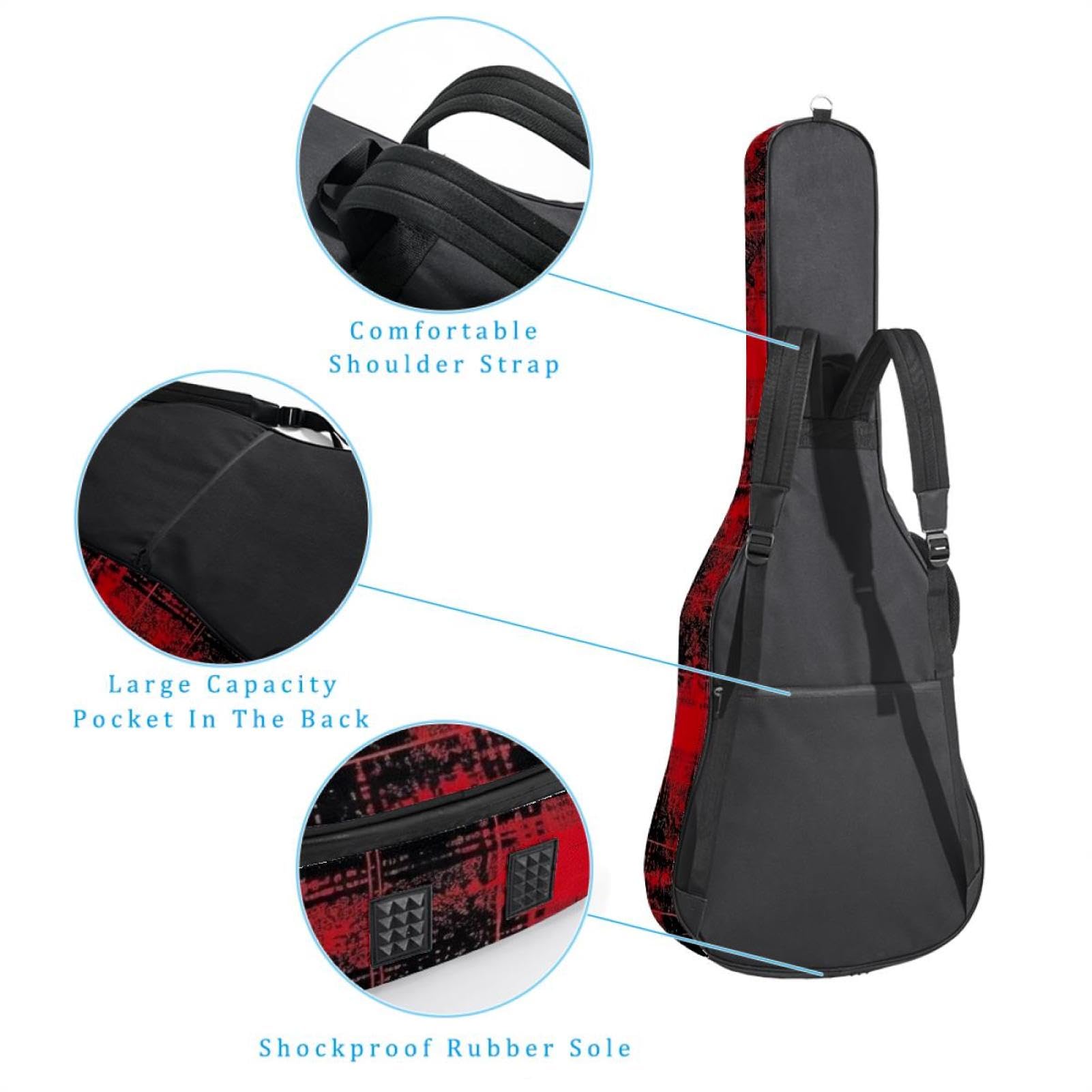 Tasche für Akustikgitarre, Retro-Stil, mit 2 Taschen, verstellbarem Schultergurt und Rückenaufhänger, geeignet für E-Gitarren, Bassgitarren und klassische Gitarren, Schwarz / Rot, Retro Schwarz Rot