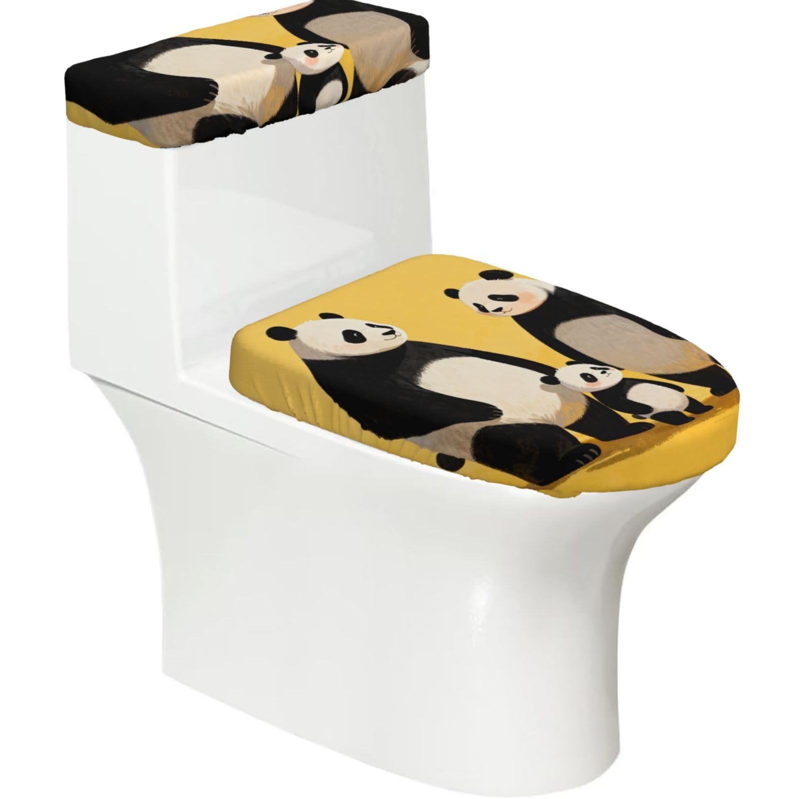 Panda Family Elastic Toilet Cover Set of 2-Stretchy Lid and Tank Covers for Bathroom, Soft Washable U Shape Toilet Decor