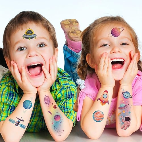 Miniatura 5 de 120 tatuajes temporales de galaxia con purpurina para niños y niños, 12 hojas de tatuajes del espacio exterior para niños, suministros de fiesta de