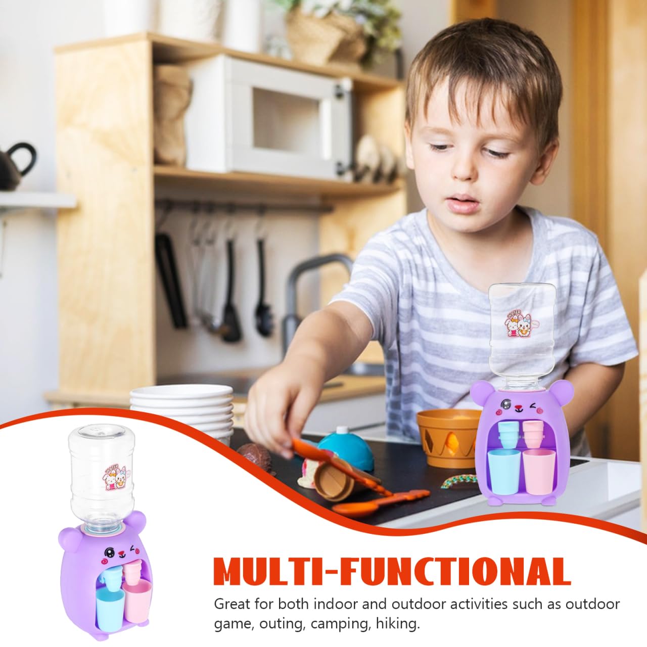 Mini distributeur d'eau pour enfants : machine à eau en plastique avec deux prises – Améliore la créativité et la coordination œil-main, design animal mignon pour jouer et décorer la chambre (violet
