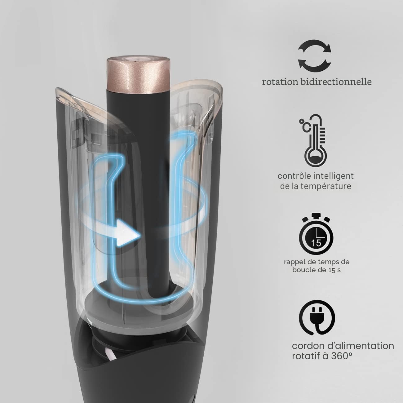Fer à Friser Automatique Boucleur Céramique Technologie Ionique 4 Températures Réglable Câble Anti-emmêlement Rotatif 360°