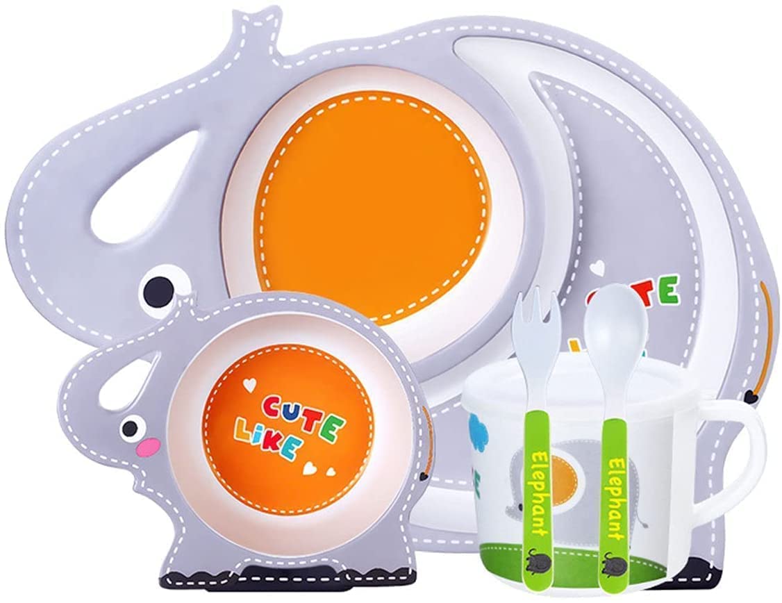 HS ENTERPRISE Bamboo Baby Tableware Set, Eco Friendly Bamboo Fiber Dinner Set for Weaning Toddlers/Kids, Set of Plate Bowl Cup Fork and Spoon/Baby Feeding Utensils for Kids and Toddlers (Elephant)