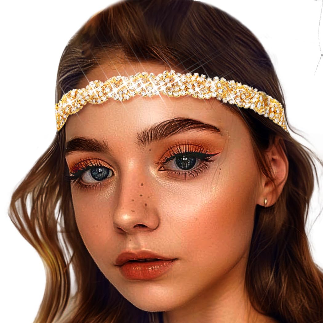 Women's Rhinestone Headbands Sparkly Elestic Hairband Vintage Metal Headbands Sparkly Elegant Party Daily Head Chain (Gold, M)