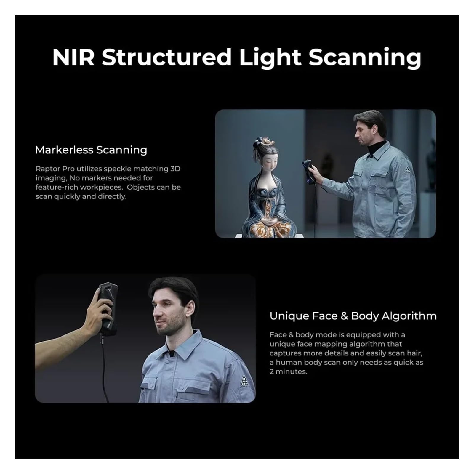 Scanner 3D Raptor Pro Doppia modalità 22+7 Linea blu/NIR Precisione 0,02 mm Tracciamento anti-vibrazione a 60 FPS Scansione a colori a 24 bit