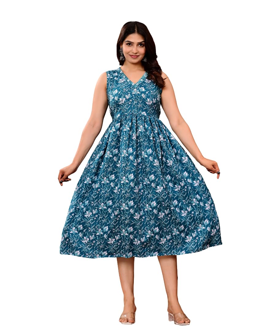 Woman Anarkali Floral Print/Printed Cotton Blend Midi Calf Length V Neck Embroidery Sleeveless Causal Western Regular Wear Dress.-picture-16