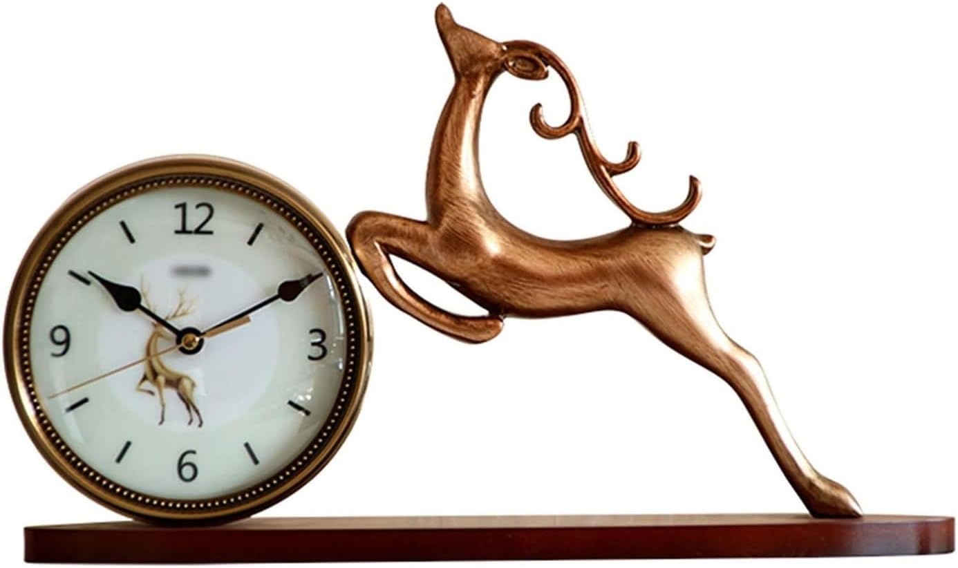 Mantel Clock Living RoomTable Clocks, Silent Non Ticking Retro Deer Sculpture Art Desk Clock for Living Room Bedroom Office