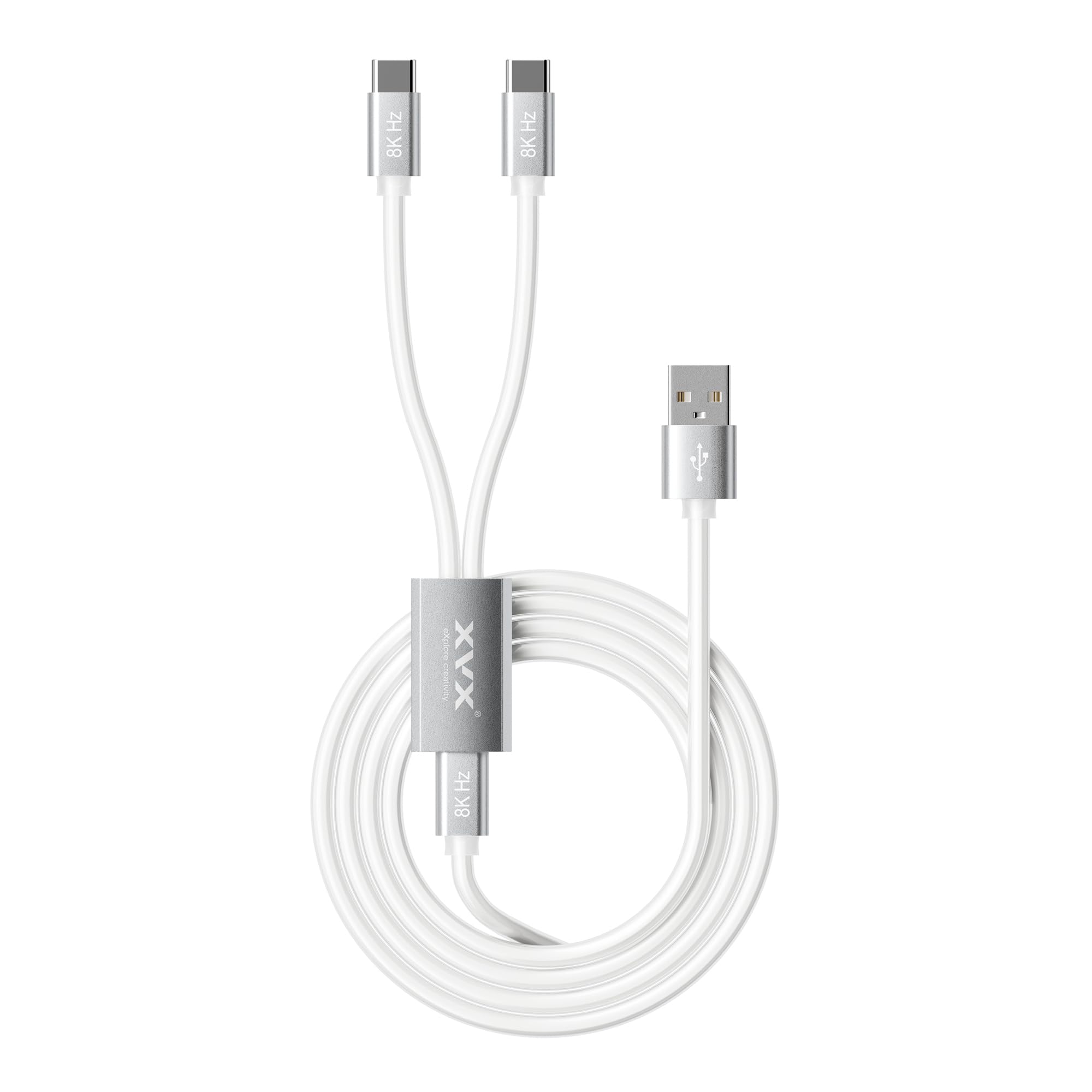 HITIME XVX Keyboard Cable, 2-in-1 USB C to USB A Cable for Mechanical Gaming Keyboard, LED Aviator Cable, with CNC Metal Connector for Custom Keyboards and 8K Mouse, 1.8M, White