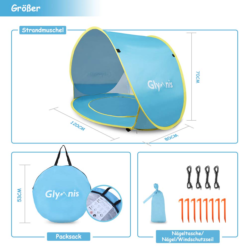Glymnis Tente de plage pour bébé avec protection UV UPF 50+ Sun Shade Shelter pour bébé 0-3 ans
