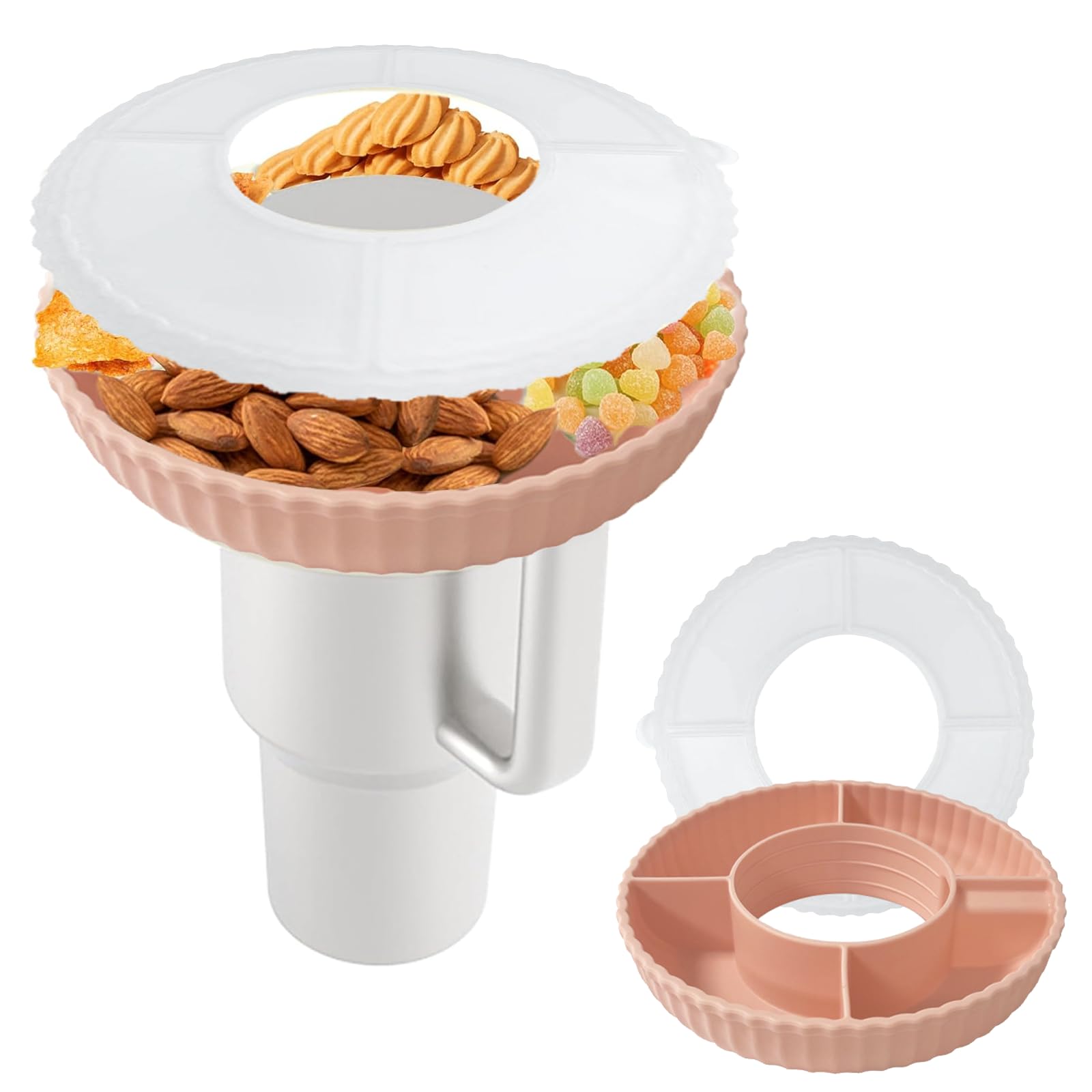 JeiibrZui Silicone Snack Dishware Bowls Cup with a dust cover Tumbler Cup Tray with Silicone 4 Compartments, Boot and Straw Cover caps,Snack for Car and Movie Theater