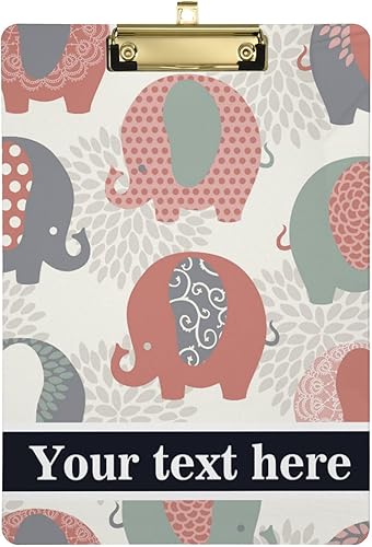 Portapapeles de plástico personalizados con bonitos elefantes coloridos, tamaño carta estándar, cartón personalizado con clip de metal de perfil