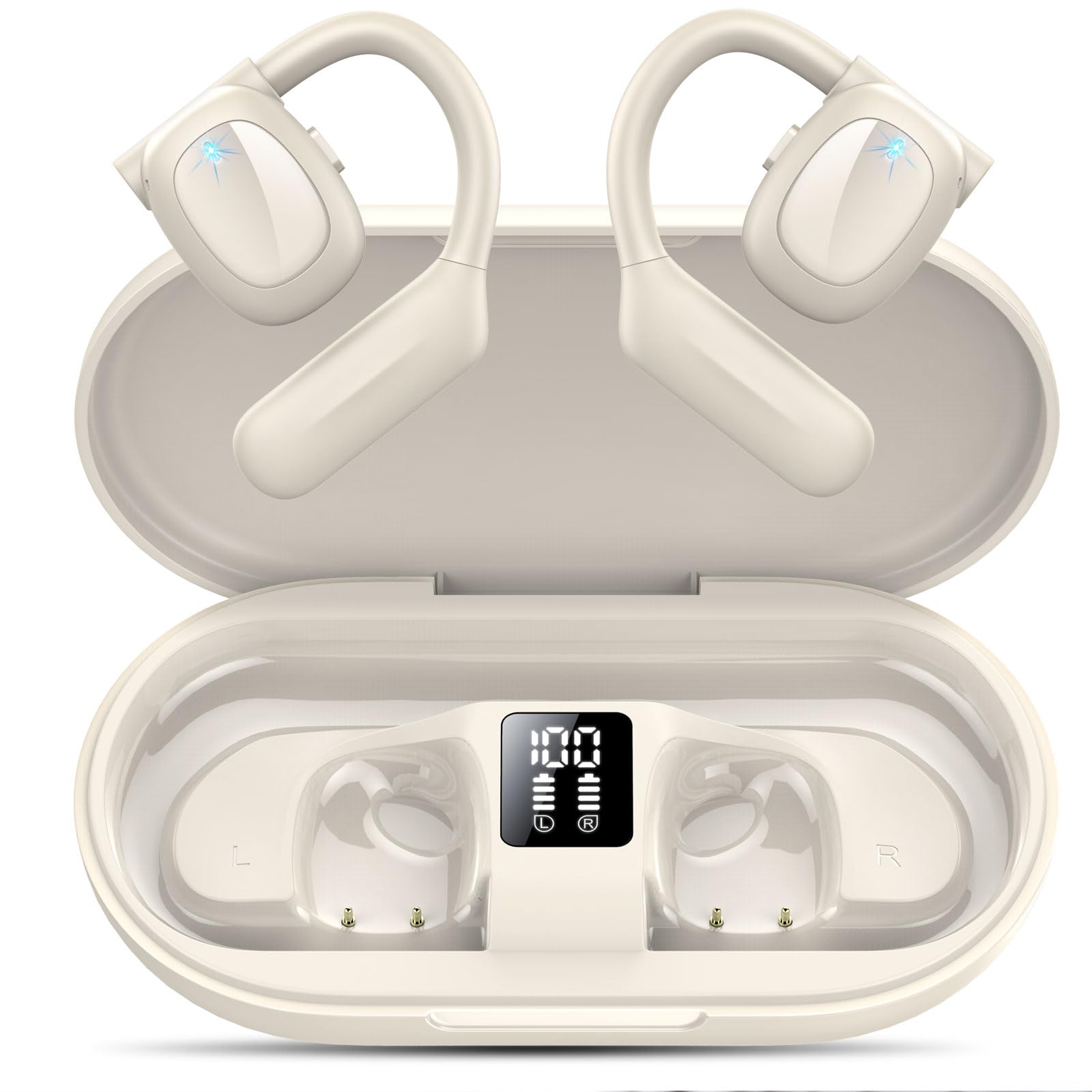 Hendari Open Ear Bluetooth 5.3 Headphones, Wireless Earbuds Sport Over Earphones Built-in Mic with Earhooks 75H Playtime Ear Buds LED Display Charging Case, IPX5 Waterproof for Running Fitness, White