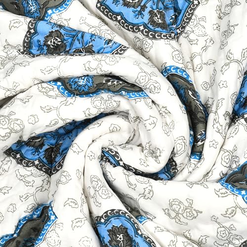Image of BLOCKS OF INDIA Hand Block Printed Cotton King Size Quilt /Rajai | Blue Grey Rose