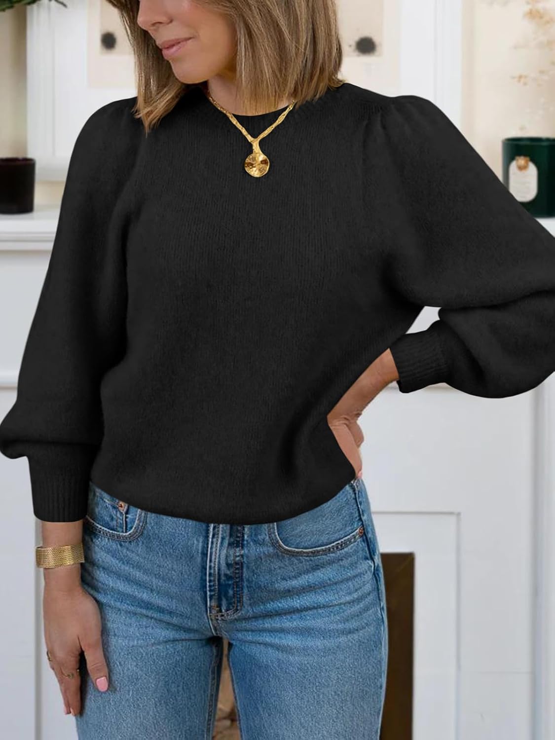 Saodimallsu Womens Puff Long Sleeve Sweaters Fall Crew Neck Cozy Soft Knit Loose Casual Pullover Tops - Image 2