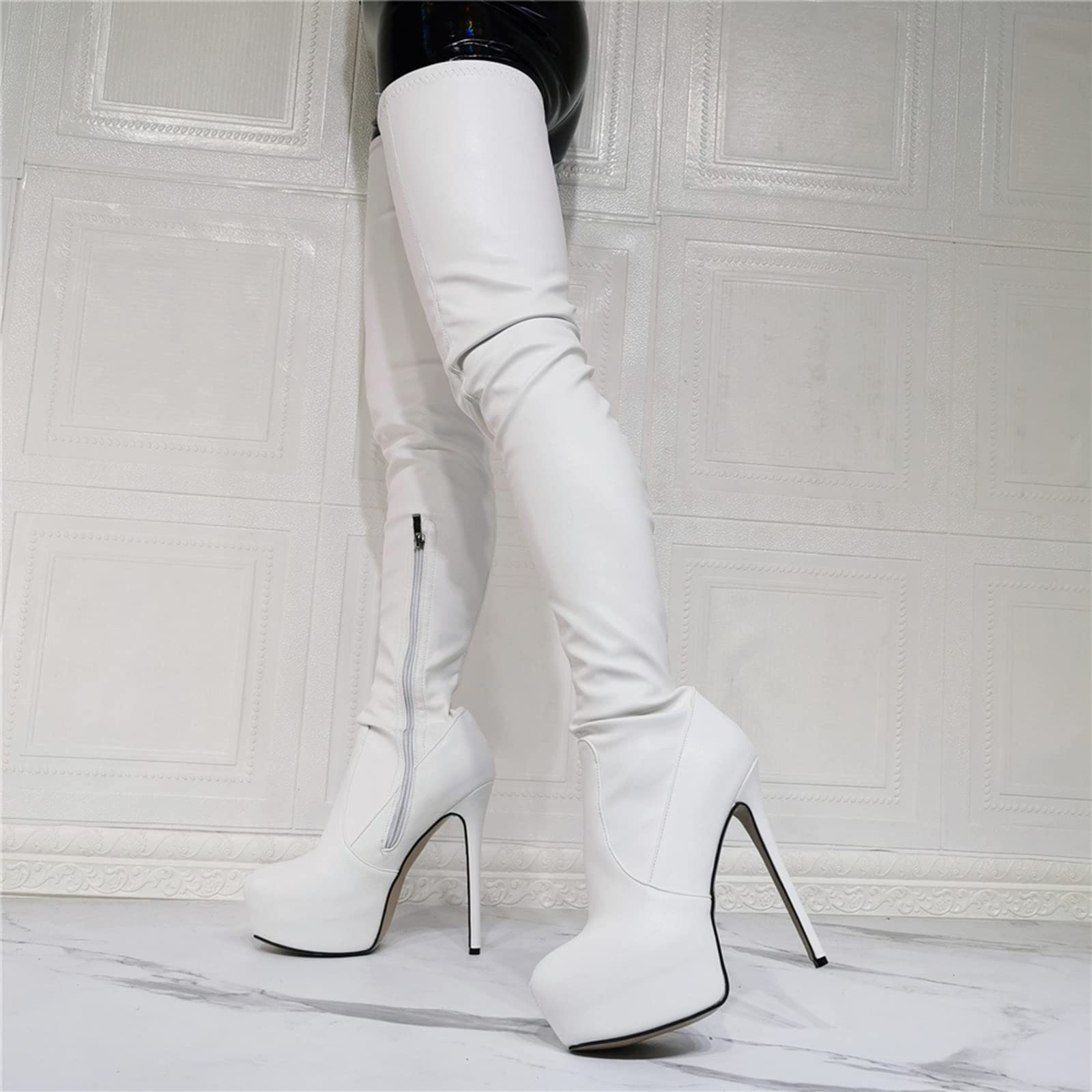 BeAUZQ Damen Sexy Elastizität Oberschenkel Hohe Stiefel Modisch Weiß Stilettos Overknee Stiefel Fetisch High Heels Sexy Stripper Club Pole Dance Schuhe