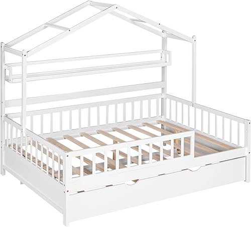 Miniatura 5 de MERITLINE Cama de casa de tamaño matrimonial con nido y estantes de almacenamiento para niños, marco de cama Montessori con rieles de valla y techo