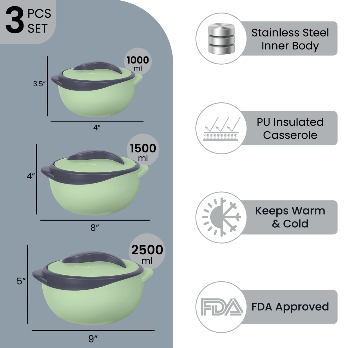 Pinnacle Isolierte Auflaufform mit Deckel, 3-teiliges Set 2,6/1,5/1 qt. Hot Pot Speisenwärmer/Kühler – Thermo-Suppen-/Salat-Servierschüssel – Edelstahl Heißspeisebehälter – Bestes Geschenkset für