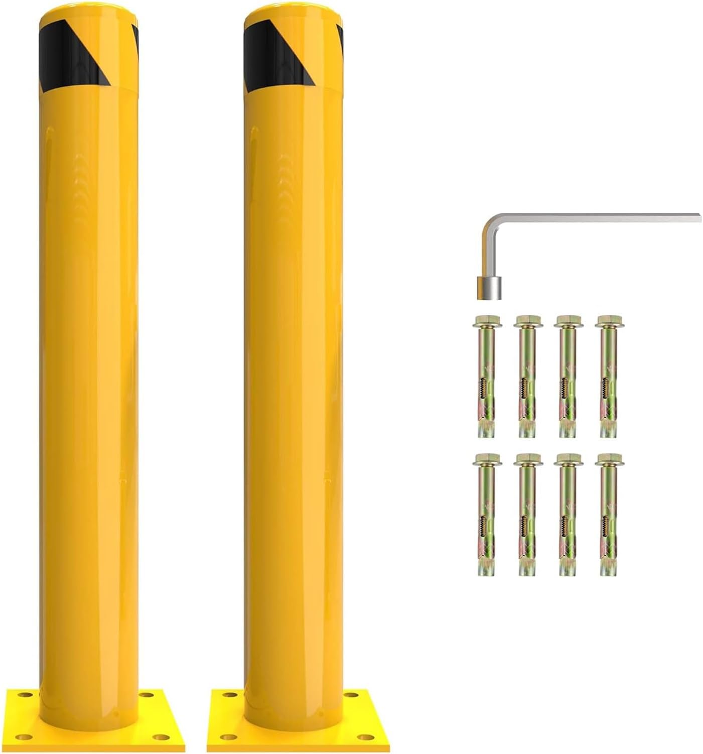 Safety Bollard, 42 Inch Heigh Steel Bollards, 4.5 Inch Diameter Parking Bollard, Yellow Powder Coated Parking Barrier Post, Steel Bollard with 8 Anchor Bolts, Ideal for Traffic-Sensitive Area(2 Pack).