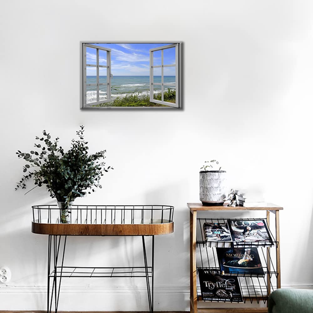 TISHIRON Canvas Wall Art 3D Window View Summertime Art Beach Seaside Picture for Home Office Bathroom Bedroom Stretched Giclee Framed Print Ready to Hang 12x18inch - Image 2