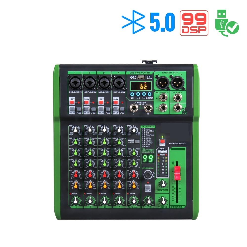 Controlador de DJ, Mezclador Consola DJ con 99 DSP Efecto Digital 48V Phantom Power USB MP3(8 Channels)