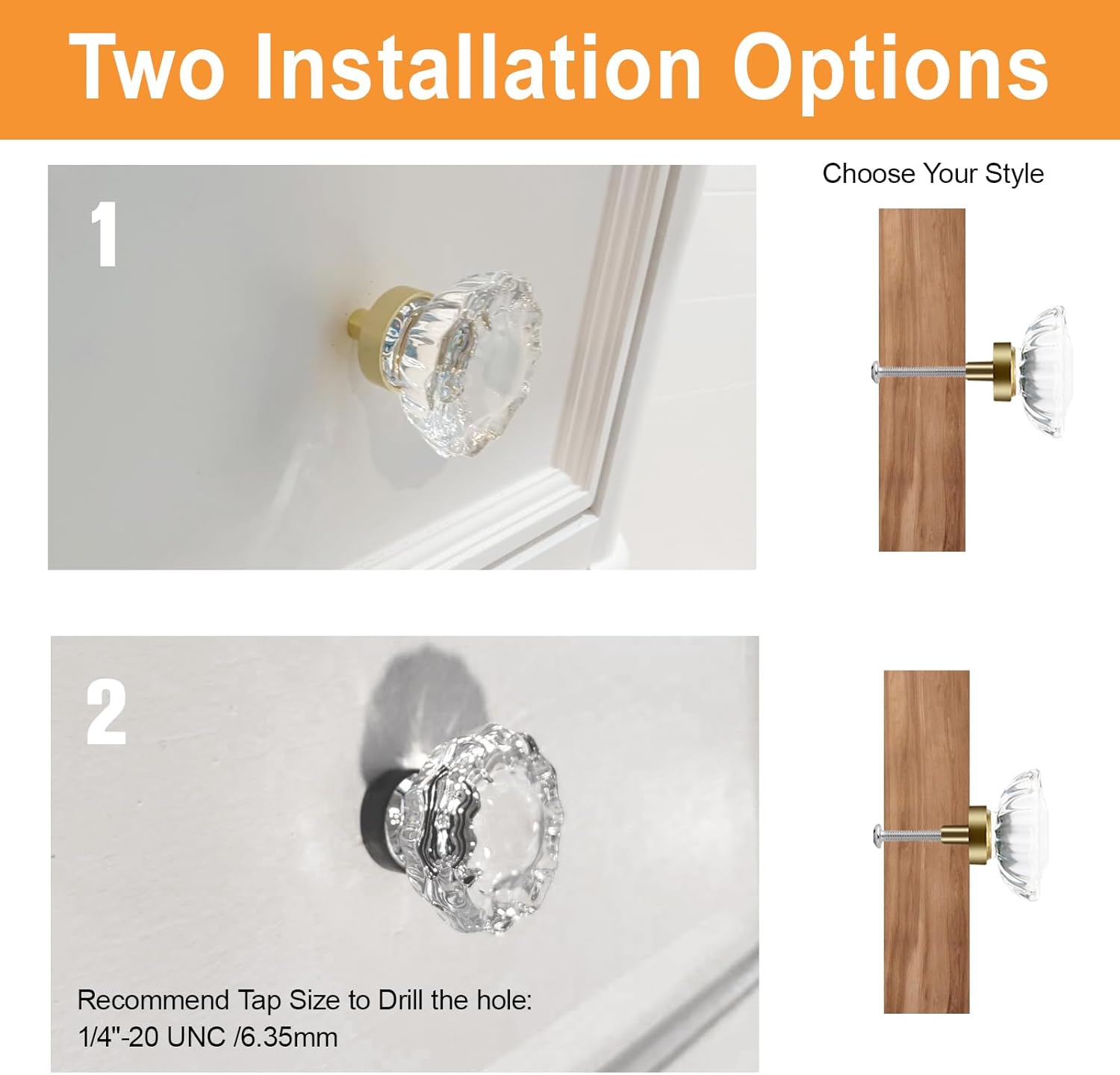 VEHCIL Crystal Cabinet Knobs, 8 Pack Gold Drawer Dresser Knobs, Single Hole Vintage Dresser Pulls for Cupboard, Closet, Bathroom, Dresser, Drawers, Retro Round Flower Design