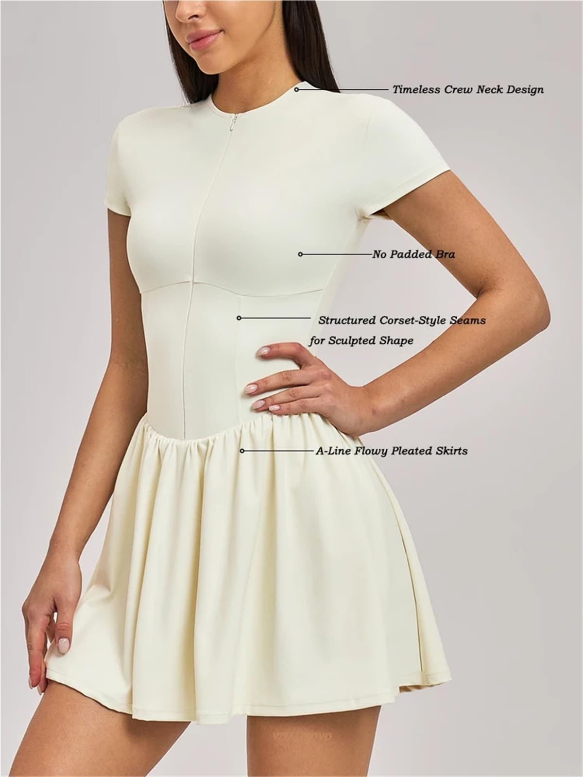 Abito da tennis donna con zip frontale, girocollo, abito sportivo golf mini senza maniche pieghe fluide e tasca for pantaloncini Per I Giochi Con La Palla