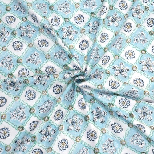 Image of TOAIArt Premium Jaipuri Dohar | AC Blanket Summer Quilt | Hand Block Printed | 3 Layers | Reversible | 150GSM 100% Mulmul Cotton | 100% Cotton Flannel Filling | Queen 90 inch X 108 inch |Small Blue Jaal