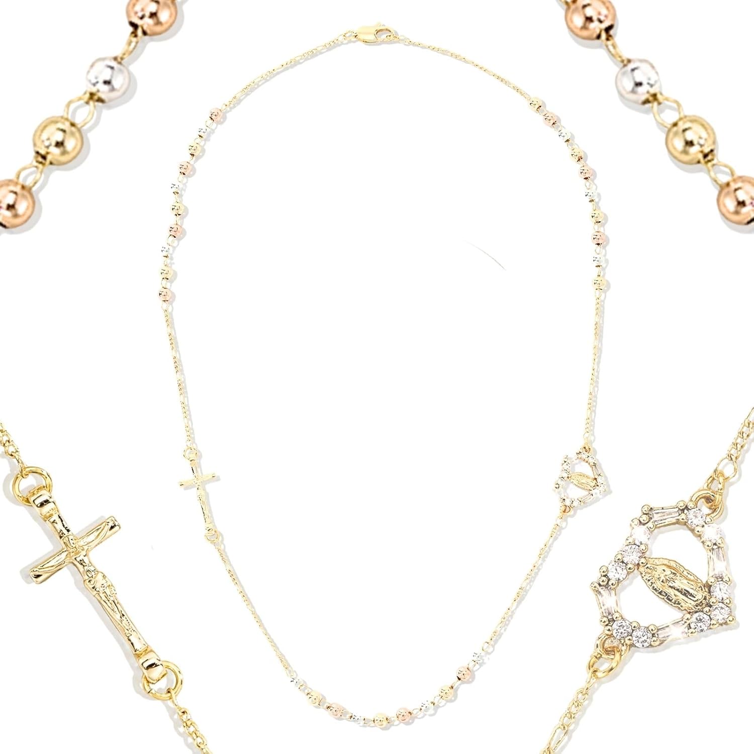 J&H DiaJuvelo 18k Gold Rosary 20 Inch Necklace for Women, Virgin Mary Miraculous Jewelry, Catolicos Long Cross Pendant, Dainty Crucifix Religious Rosarios Beads Trendy Gifts