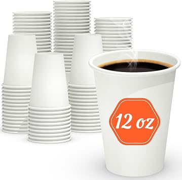 Dealusy 200 Count 12 oz Coffee Cups, Leak-Free Food Safe Paper Cups 12 oz, Disposable 12oz White Paper Cups for Cold and Hot Drinks