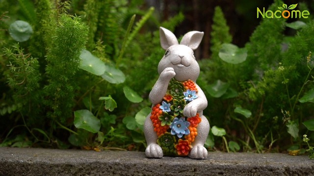 置物 Holidays In The Sun Nacome Solar Garden Outdoor Statues Bunny with Succulent and 7 LED