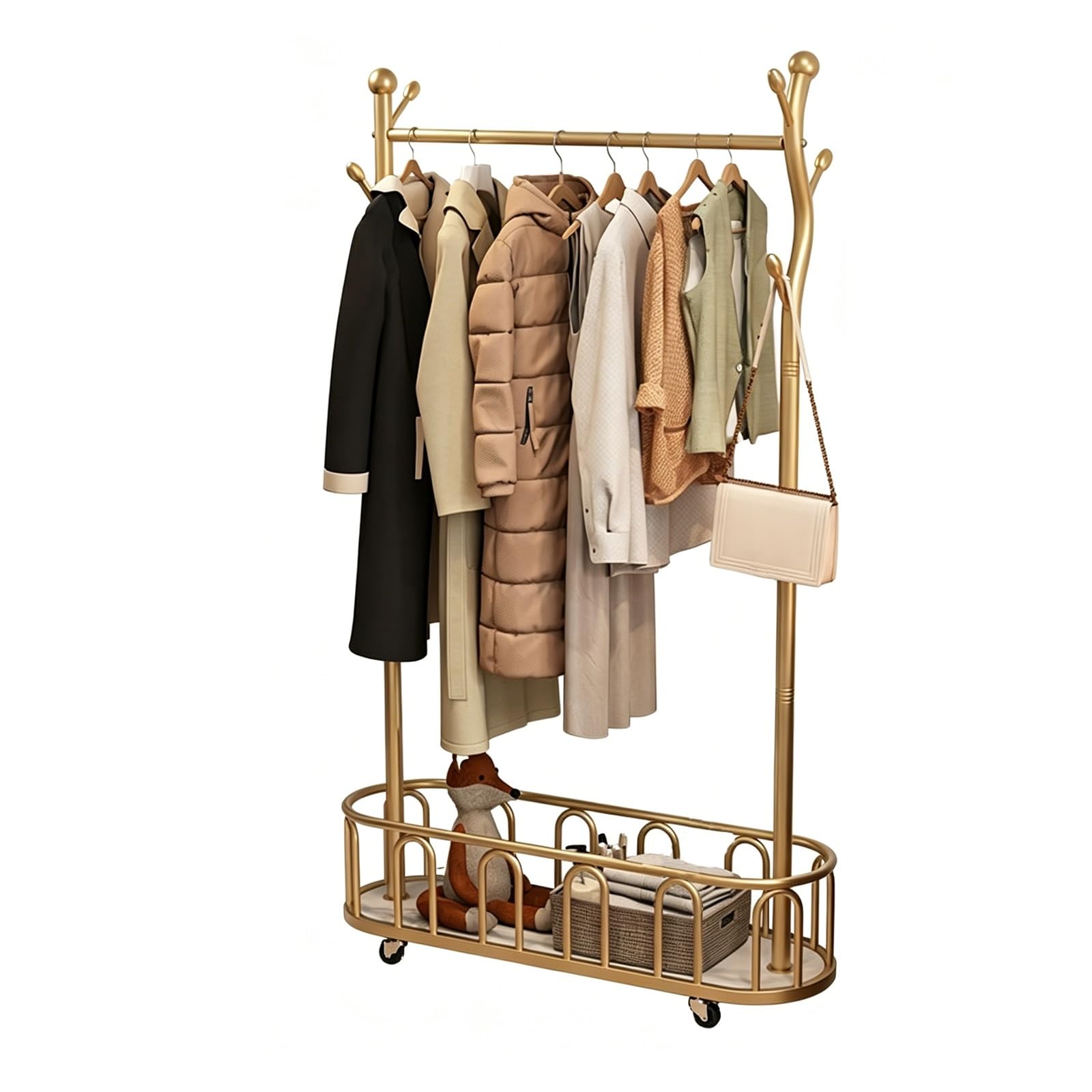 BHGFYXBS Freestanding Garment Rack With Wheels, Tree-Shaped Coat Rack With Storage Basket, Clothes Rack With Hooks For Hanging Coats, Bags, Shirts, Home Bedroom Entryway Organizer,Gold-60cm/23.6in