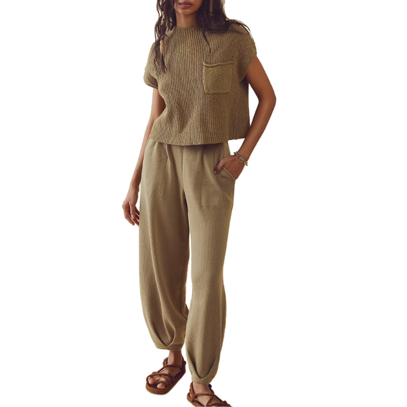 YILEEGOO Women Outfits Sets Sweater Knit Short Sleeve Pullover Tops and High Waisted Wide Leg Pants 2 Piece Lounge Outfits