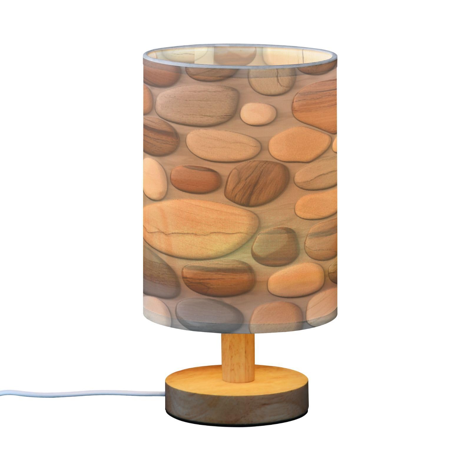 SDMKA Wooden Stones Texture Bedside Table Lamp for Bedroom, Minimalist Nightstand Lamp with Round Fabric Shade for Living Room, Office, No Bulb Required