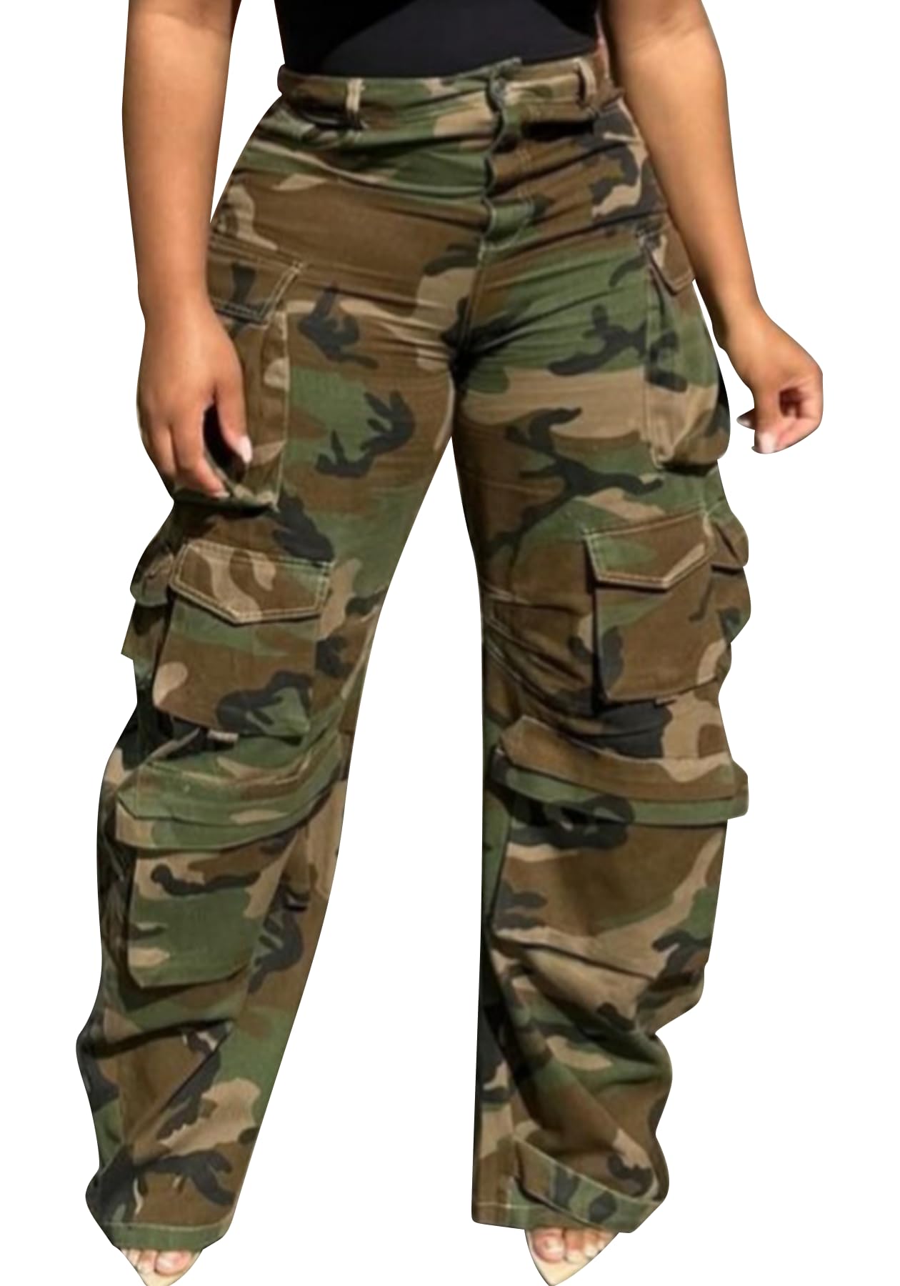 Seltaon Womens Baggy Camo Cargo Pants Y2K Clothing Multi Pocket High Waisted Trendy Camouflage Sweatpants Streetwear