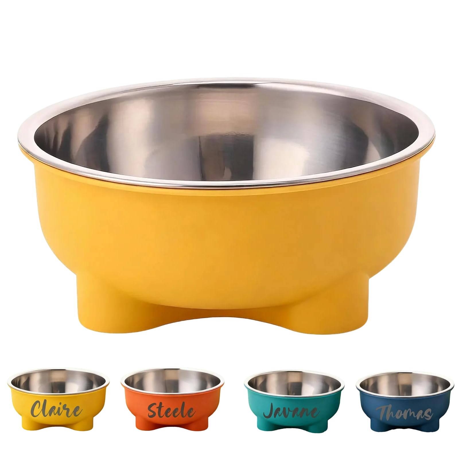 Personalized Dog Bowls with Name, Double Layer Pet Food Water Dish with Custom Name Engraving, Engraved Dog Water Bowl, Non-Slip Base for Large Small Dogs Cats (Yellow)