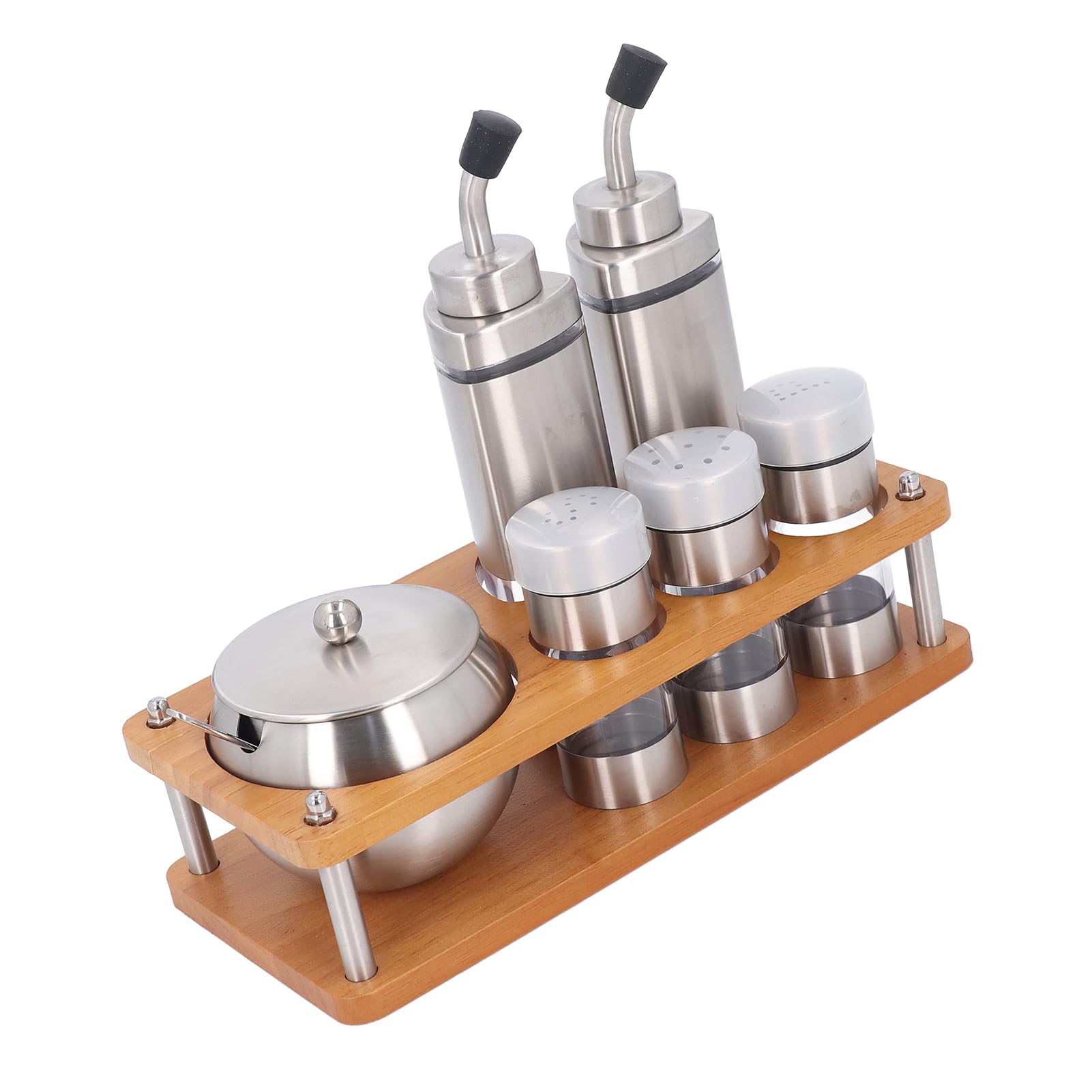 Juego de Dispensadores de Condimentos de Cocina, Juego de Botellas Dispensadoras de Vinagre y Aceite de Acero Inoxidable 304 con Base de Madera, Almacenamiento de 6 Piezas de Sal, Azúcar