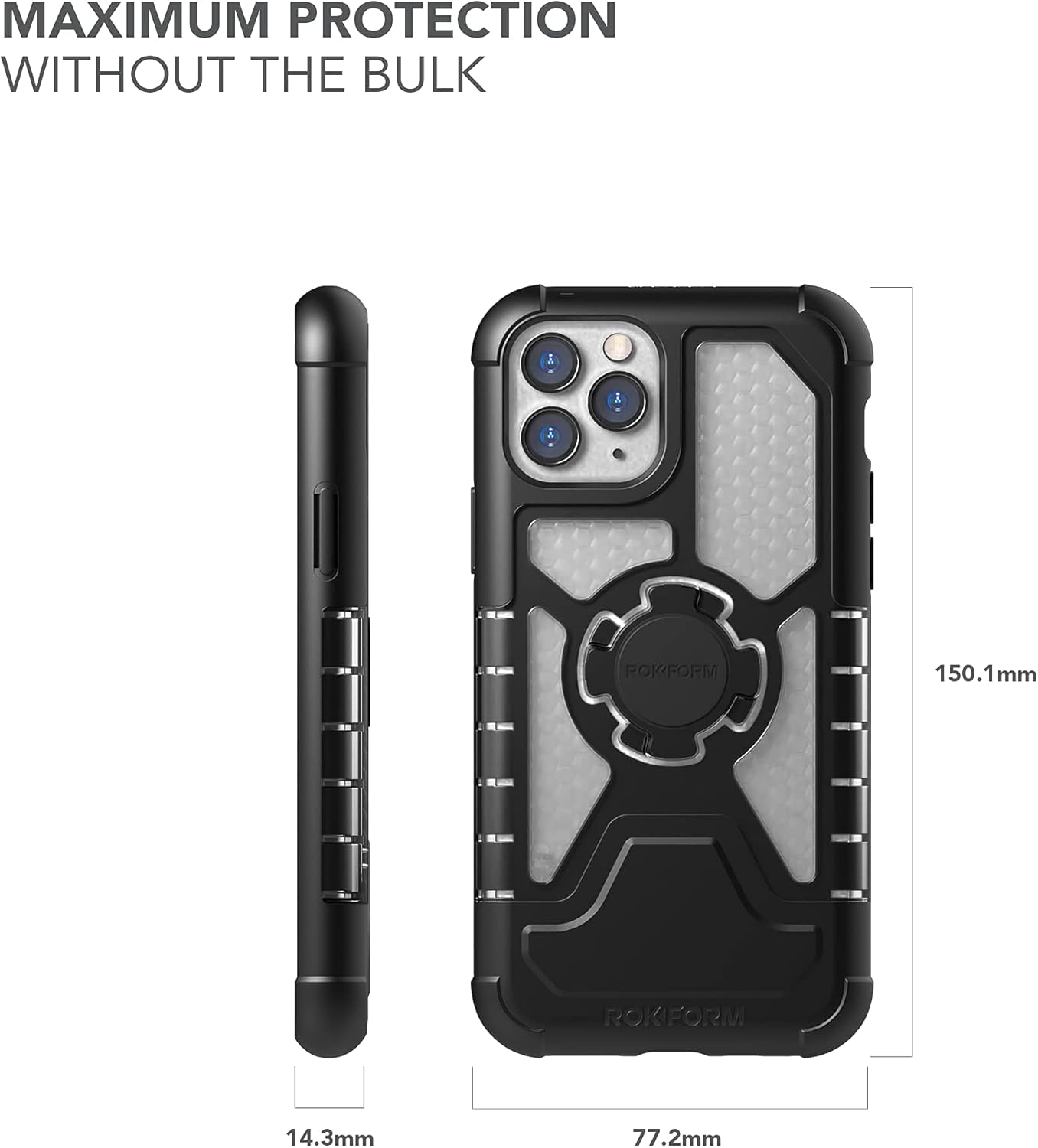 Diagram showing the dimensions of the Rokform iPhone 11 Pro case: 150.1mm length, 77.2mm width, and 14.3mm thickness.