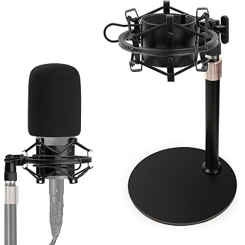 AT2020 Table Microphone Stand Adjustable Microphone Holder with Microphone Spider Pop Filter Wind Protection Weighted Metal Base for Audio Technica AT2020 AT2020USB AT2020USB+ AT2035 Microphone