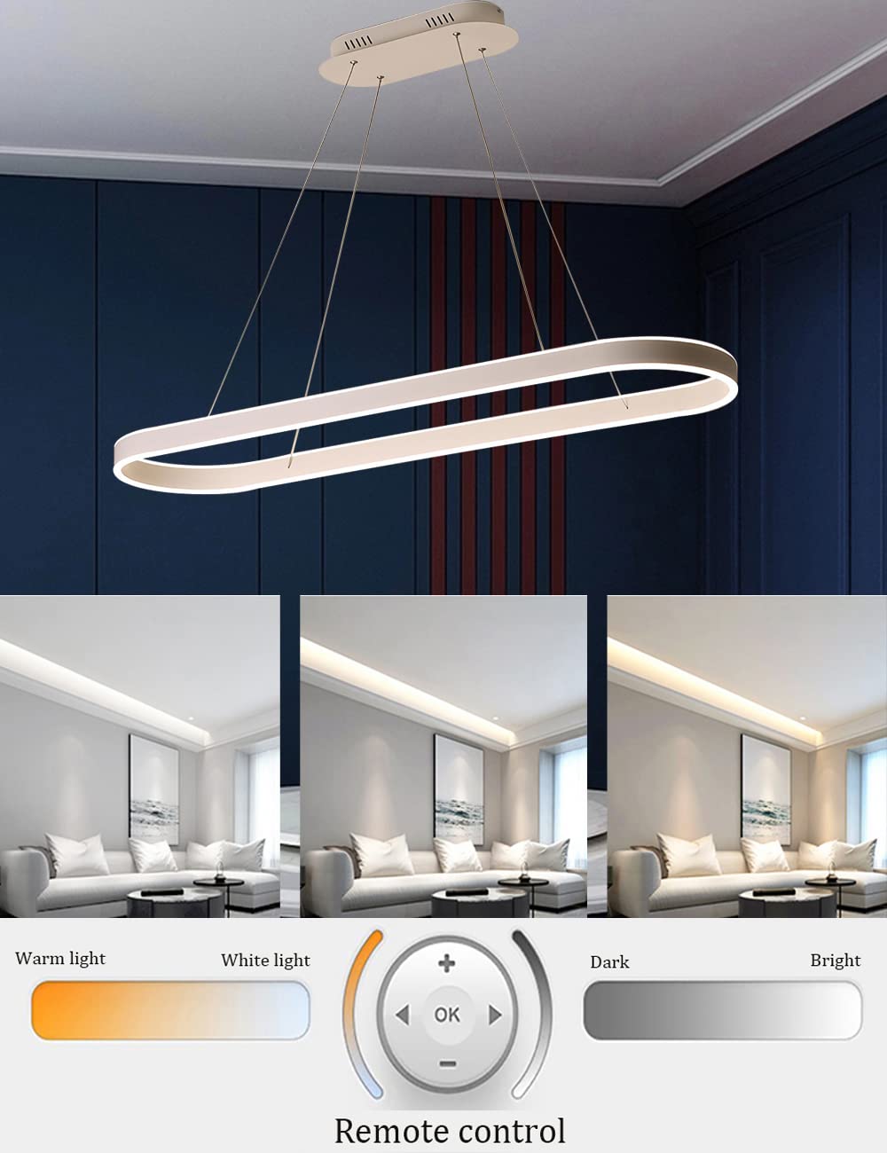 LED Hanglamp Ovale Eettafel Kantoor Lampen Dimbare Moderne Minimalistische Ring Design Kroonluchter 40W 3200LM Verstelbare Hoogte voor Eetkamer Keuken Lamp (Wit, L90cm LED Hanglamp Ovale Eettafel Kantoor Lampen Dimbare Moderne Minimalistische Ring Design Kroonluchter 40W 3200LM Verstelbare Hoogte voor Eetkamer Keuken Lamp (Wit, L90cm