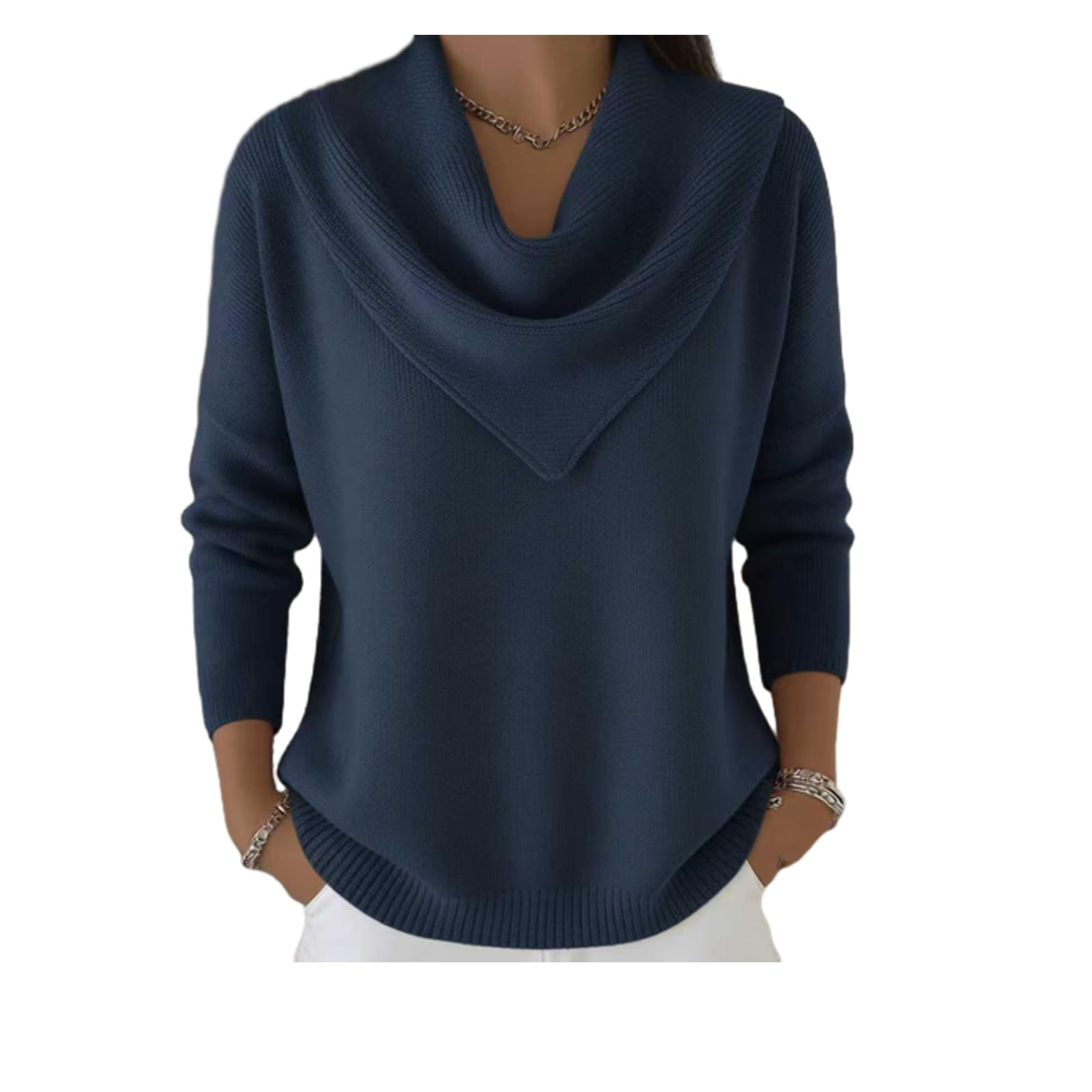 Elegant Retro Soft Triangle Neck Solid Color Sweater Top Triangle Neck Sweater Cozy Long Sleeve Knit Pullover Winter