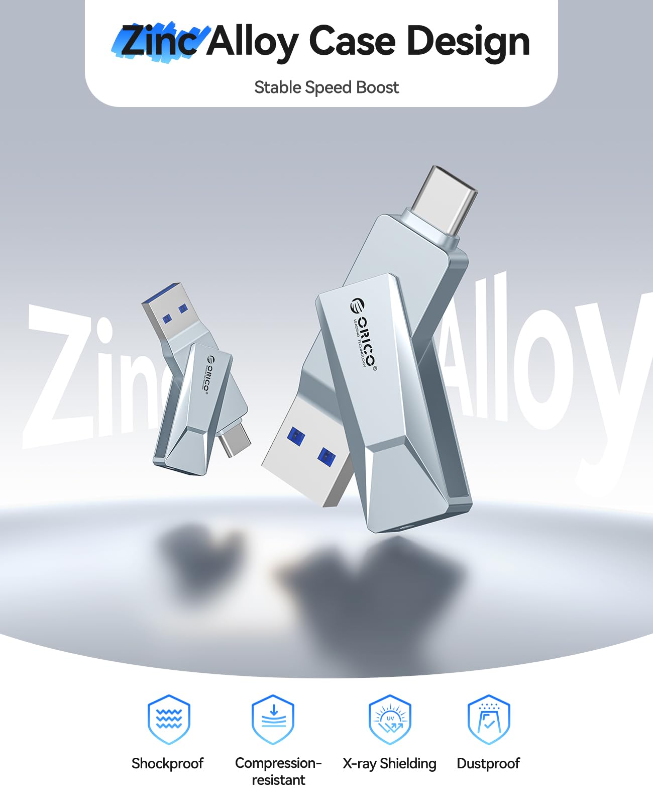 ORICO Pamięć flash USB-C i USB-A 128 GB, 150 MB/S, metalowa obudowa, obrotowa konstrukcja, obsługa funkcji OTG, 2 w 1, pendrive do urządzeń USB C i USB A, CB05 BL