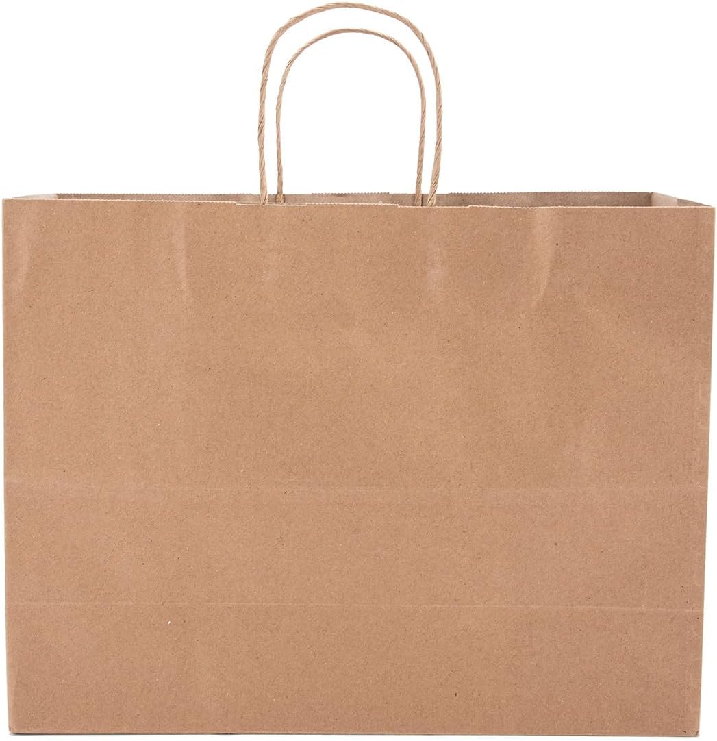 Brown Kraft Paper Grocery Shopping Bag - Large (16”L x 6”D x 12 ½”H) - Case of 100 - Sturdy 80# (120 GSM) Paper Weight - 100% Recyclable Gift Bags