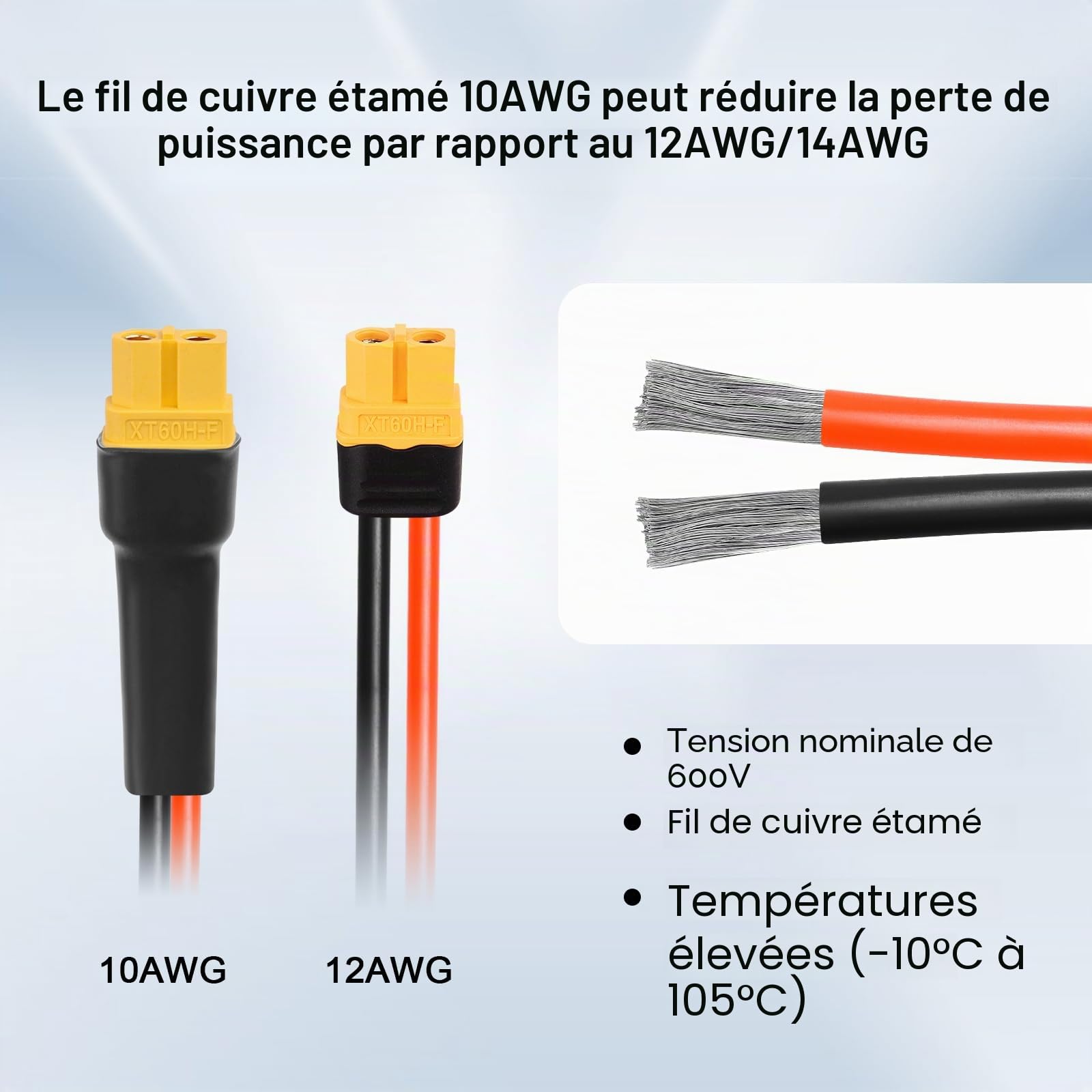 XRDS -RF Câble de connexion solaire vers XT60 10,7 m, câble d'extension solaire vers XT60 femelle 10 AWG, câble d'alimentation 600 V pour panneaux solaires, batteries, stations d'énergie - Transfert