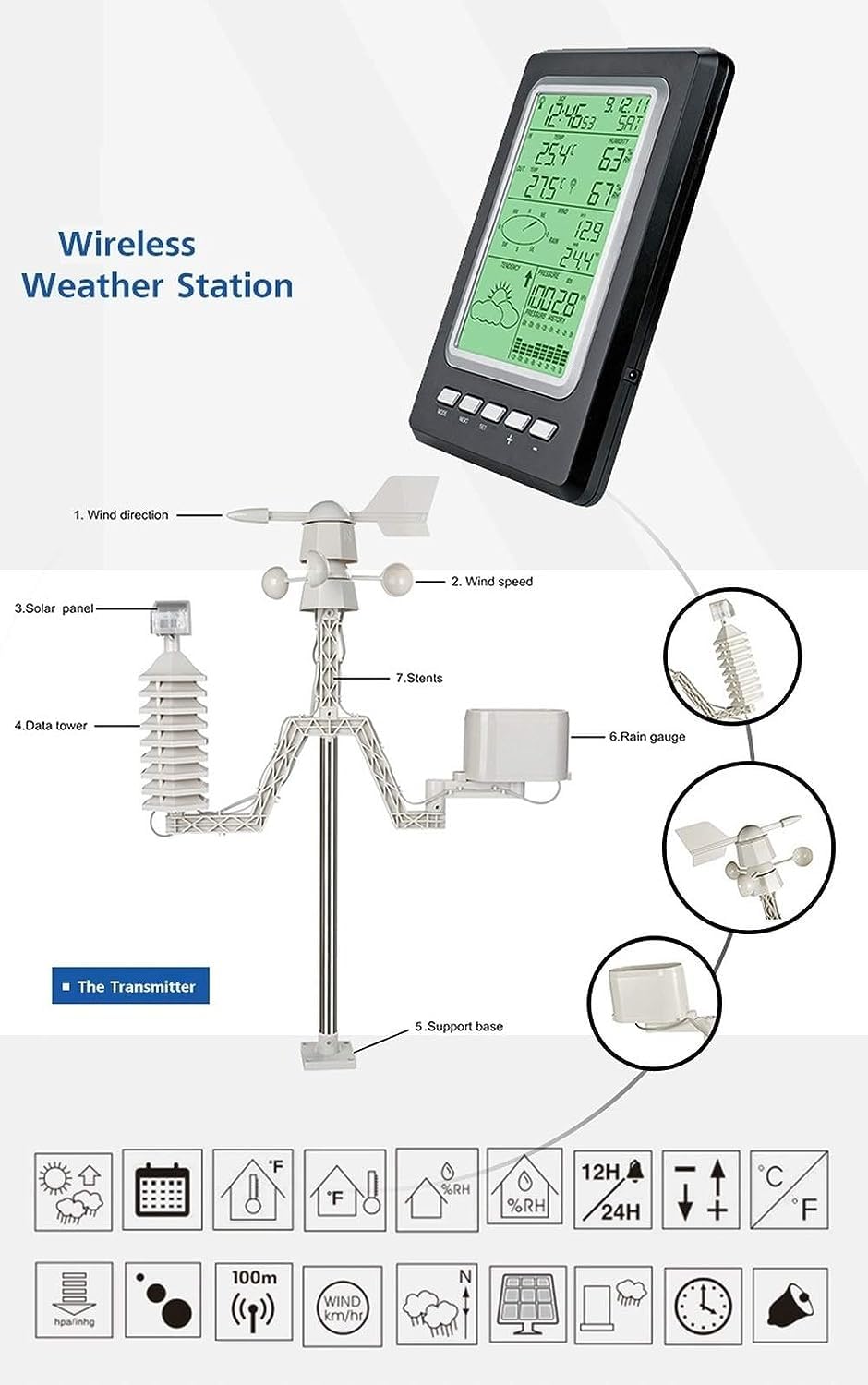 Estación meteorológica doméstica, estación meteorológica inalámbrica, Ws1030, interior y exterior, termómetro e higrómetro digital, lluvia, monitor de presión de aire, pronóstico del tiempo para el ja